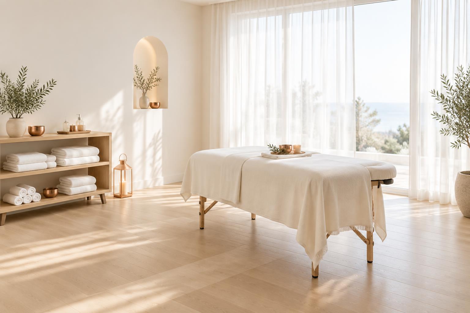 Sala de spa clara e minimalista com luz natural